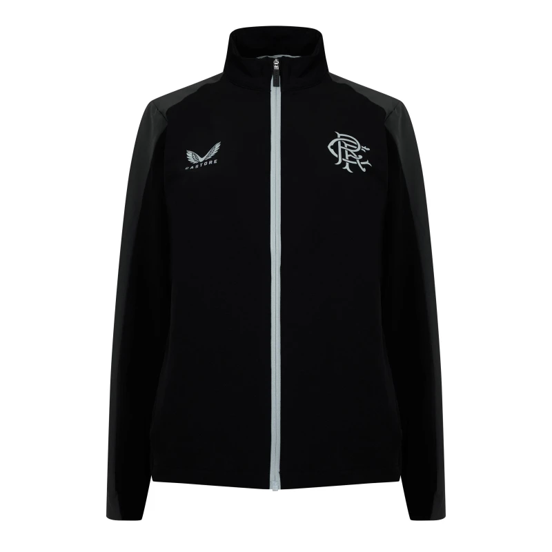 Image of Castore Womens Rangers Travel Long Sleeve Full Zip Licensed Rain Anorak Black female 8 (XS)