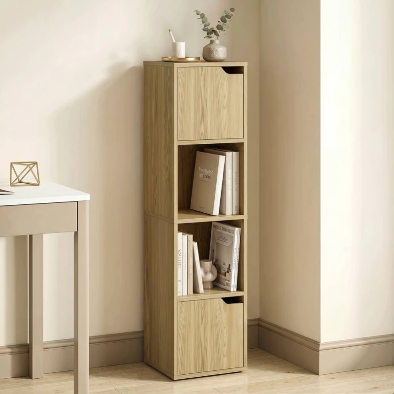 Image of HOMCOM Bookcase with 2 Cabinets & Doors, 4-Tier Bookshelf, Oak in Light Oak Light Oak Unisex