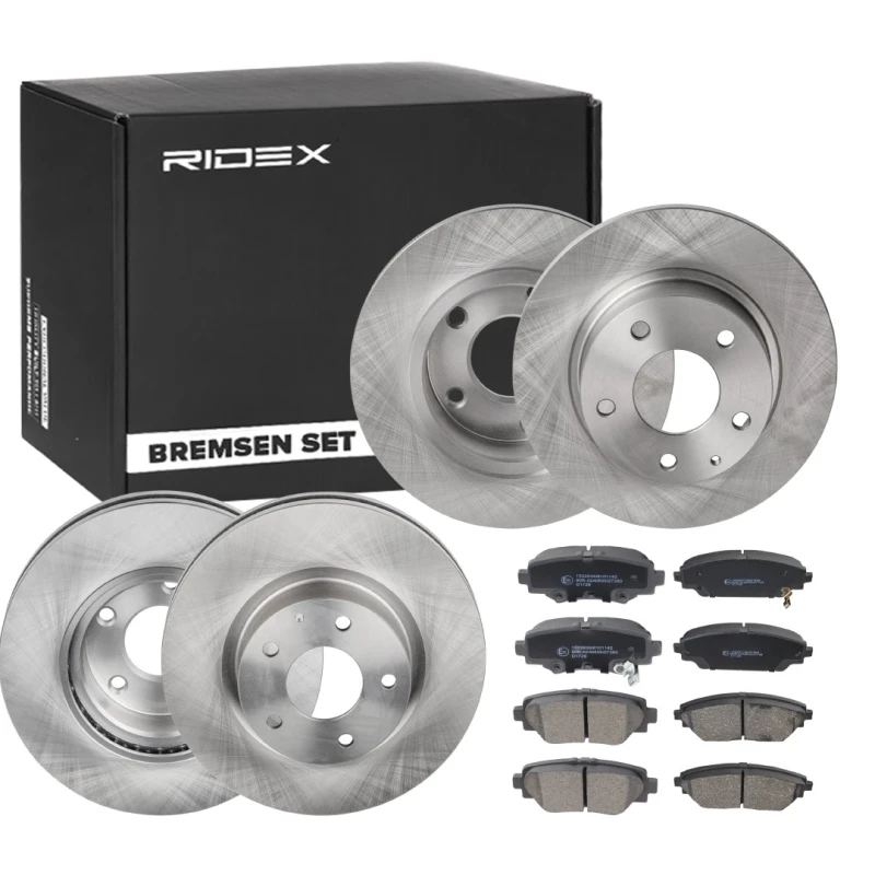 Image of RIDEX 3405B1697 Brake disc and pads set Rear Axle, Brake Disc Type: Solid, with acoustic wear warning, without wheel hub Brake Set,disc brakes (3405)