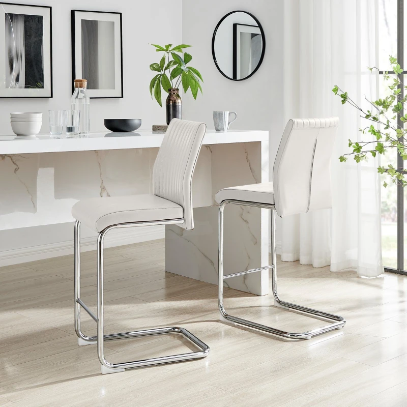 Image of FurnitureboxUK FurnitureboxUK Lorenzo 2x Faux Leather & Silver Bar Chairs in Off White Off White One Size Unisex 5056784304341