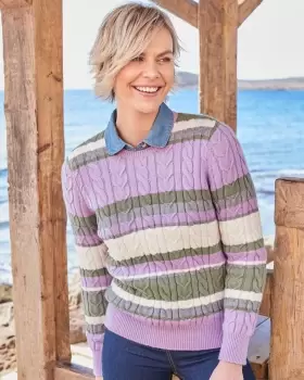 Image of Cotton Traders Womens Cutest Cable Stripe Crew Neck Jumper in Green