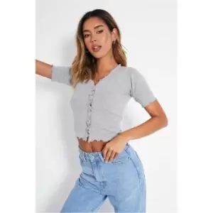 Image of I Saw It First Ribbed Lettuce Hem Popper Front Top - Grey