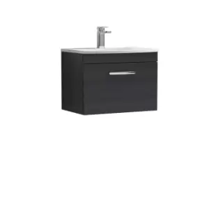 image of Nuie Athena 600 Wall Hung Single Drawer Vanity & Curved Basin - Black Woodgrain