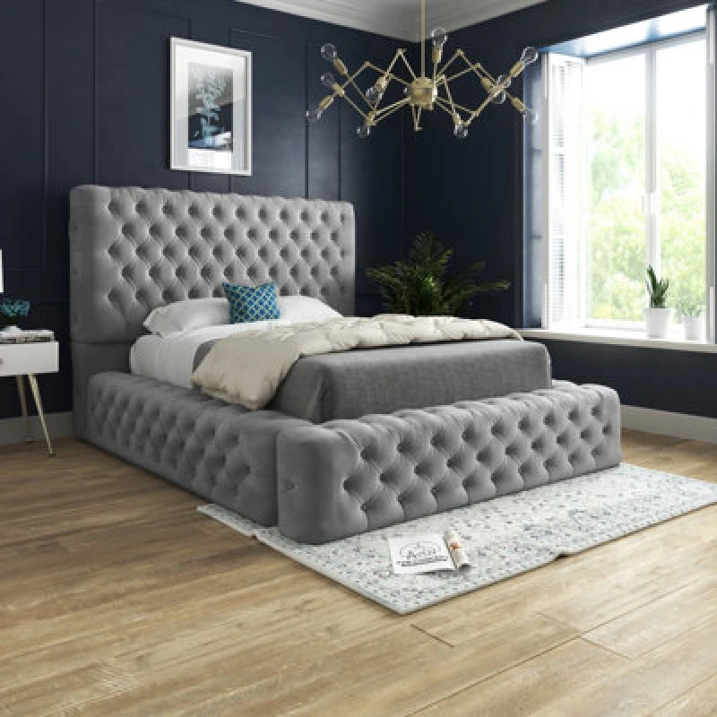 Image of Ds Living Cambridge Upholstered Soft Touch Grey Plush Velvet Bed Frame 3ft