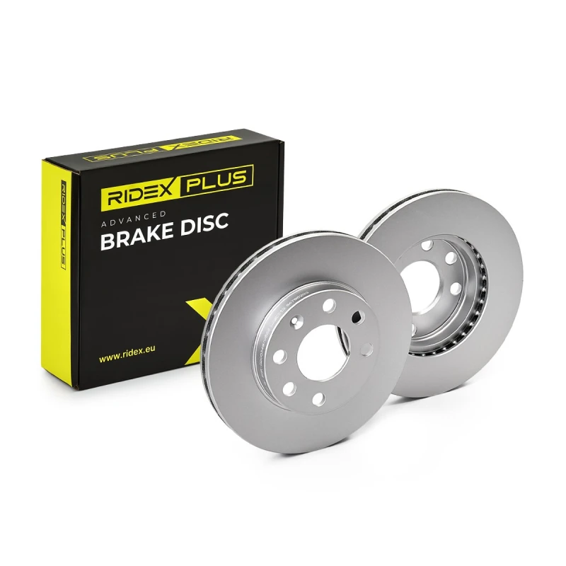Image of RIDEX PLUS 82B0385P Brake disc Front Axle, Vented, Grey Cast Iron, Coated, High-carbon, with bolts/screws Grey Cast Iron Brake Disc (82)