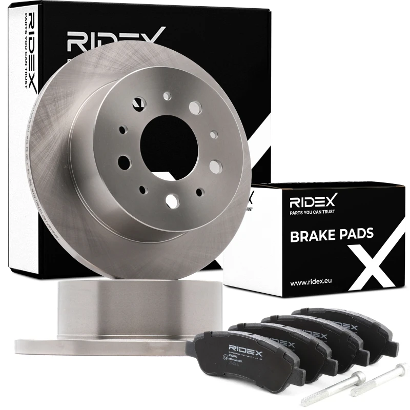 Image of RIDEX 3405B0975 Brake disc and pads set Rear Axle, Brake Disc Type: Solid Brake Set,disc brakes (3405)