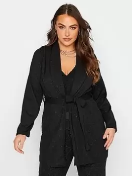 image of Yours Ladies Curve Glitter Tie Waist Blazer - Black, Size 18, Women