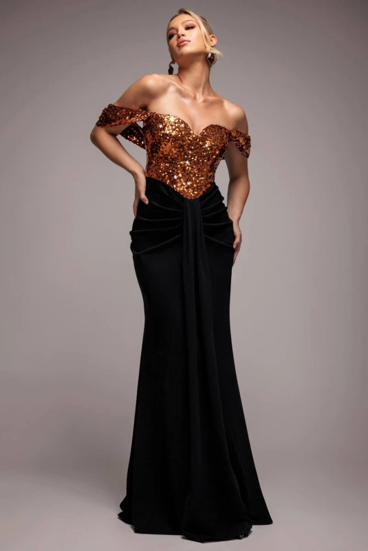 Image of Goddiva Womens Corset Sequin Wing Bodice Scuba Skirt Maxi Dress in Bronze Size: 10 Bronze Female 10
