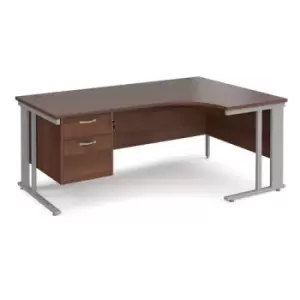 Image of Office Desk Right Hand Corner Desk 1800mm With Pedestal Walnut Top With Silver Frame 1200mm Depth Maestro 25 MCM18ERP2SW