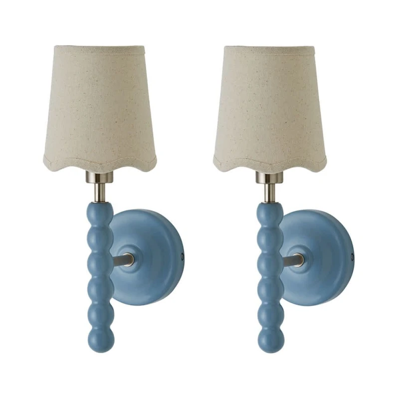 Image of ValueLights Bobbins Pair Pastel Wall Lights & Natural Lamp Shades & Bulbs in Pale Blue Pale Blue Unisex