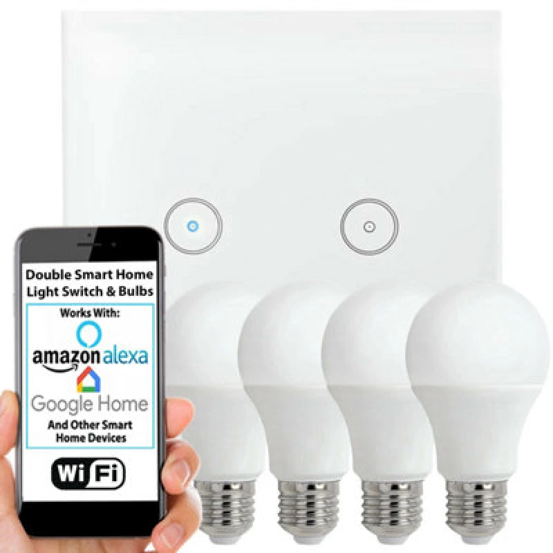 Image of Loops WiFi Light Switch & Bulb 4x 10W E27 Warm White Lamp & Double Wireless Wall Plate White