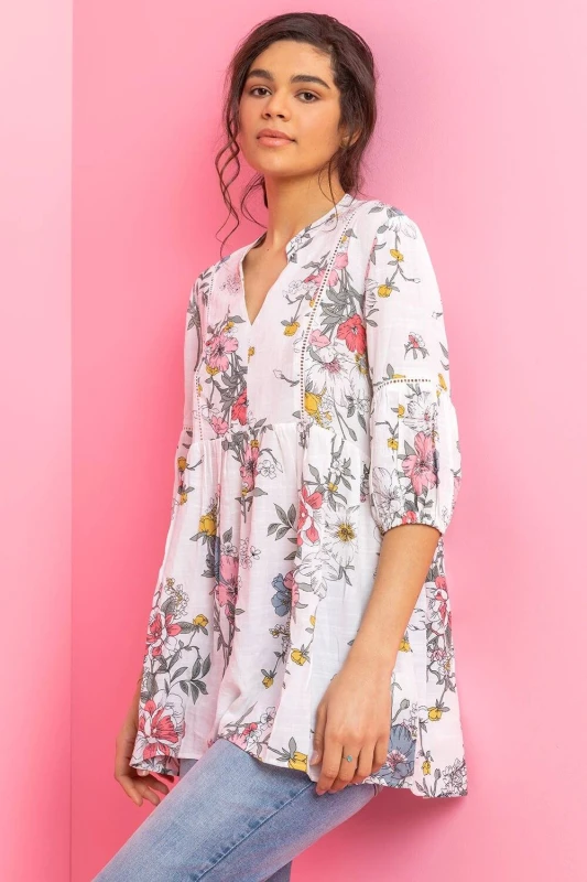 Image of Roman Womens Floral Print Notch Neck Tunic Top in White Size: 10 White Female 10
