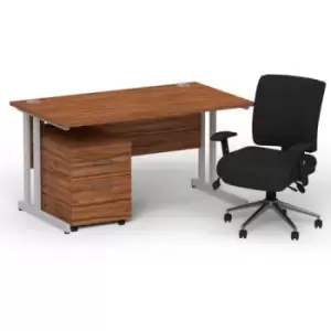 Image of Impulse 1400 x 800 Silver Cant Office Desk Walnut + 2 Dr Mobile Ped & Chiro Med Back Black W/Arms