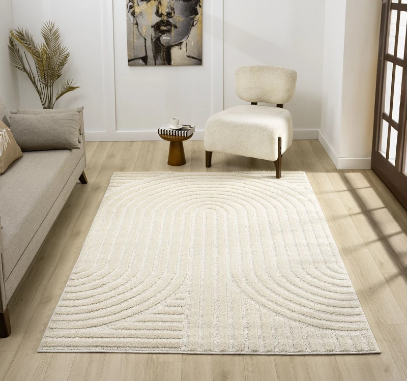 Image of Desire Rugs Isabella Living Room Area Rugs - Embossed Mazia Arch Lines Design in Cream Size: 200cm x 290cm Cream Unisex 200cm x 290 cm