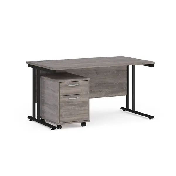 image of Maestro 25 Straight Desk with Black Cantilever Frame and 2 Drawer Pedestal - Grey Oak - 1400mm x 800mm