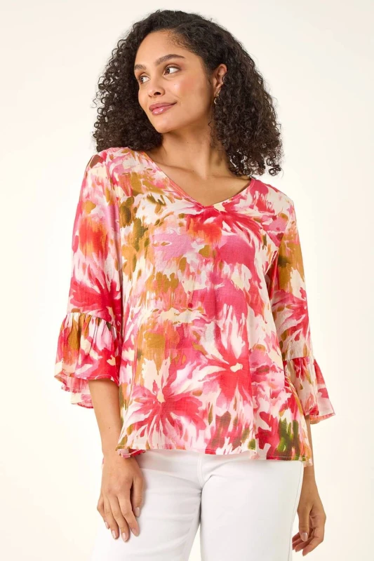 Image of Roman Womens Abstract Floral Flare Sleeve Top in Pink Size: 14 Pink Female 14