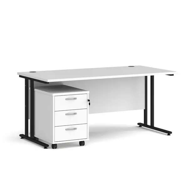 image of Maestro 25 Straight Desk Black Frame White Table Top and 3 Drawer Pedestal - 1600mm