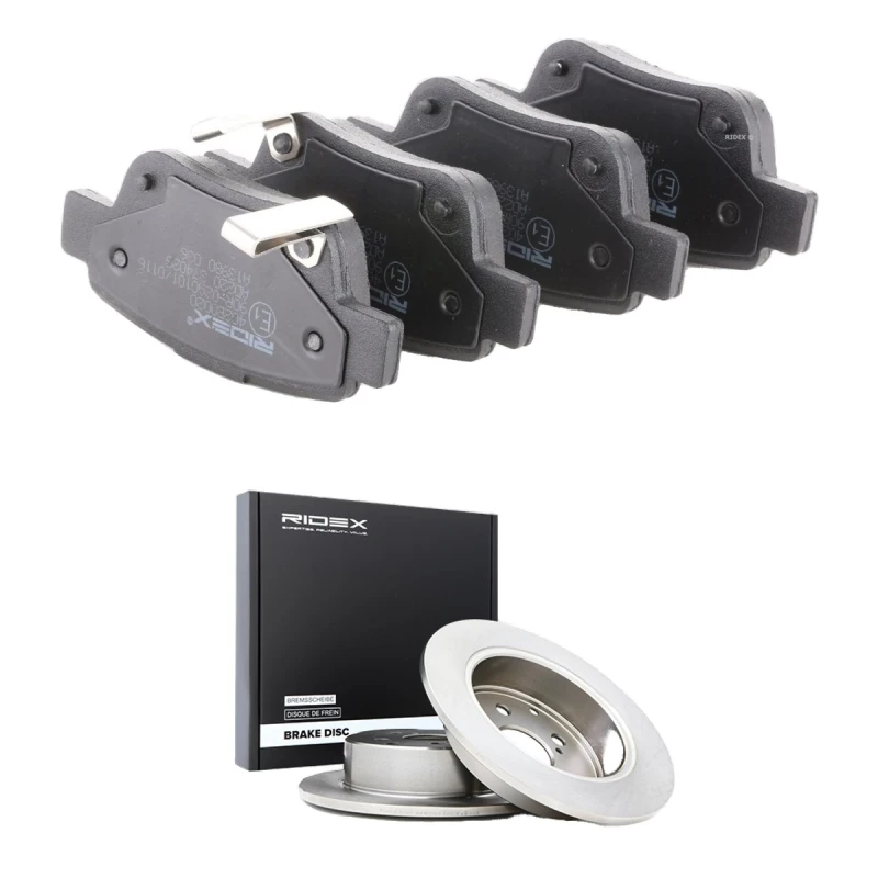 Image of RIDEX 3405B2439 Brake disc and pads set Rear Axle, Brake Disc Type: Solid, with acoustic wear warning Brake Set,disc brakes (3405)