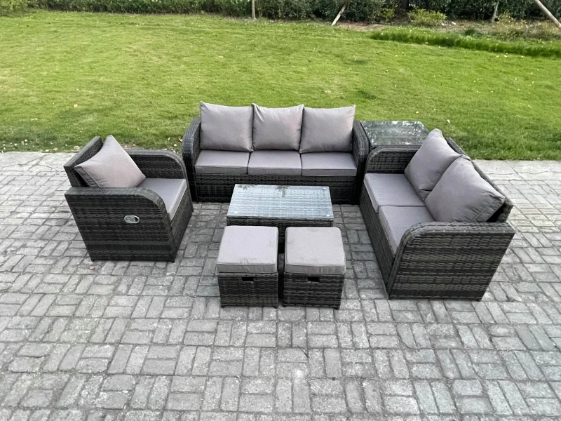 Image of Fimous Patio Garden Furniture Sets Wicker 8 Seater Outdoor Rattan Furniture Sofa Sets with Rectangular Coffee Table Reclining Chair 3 Seater Sofa Dark