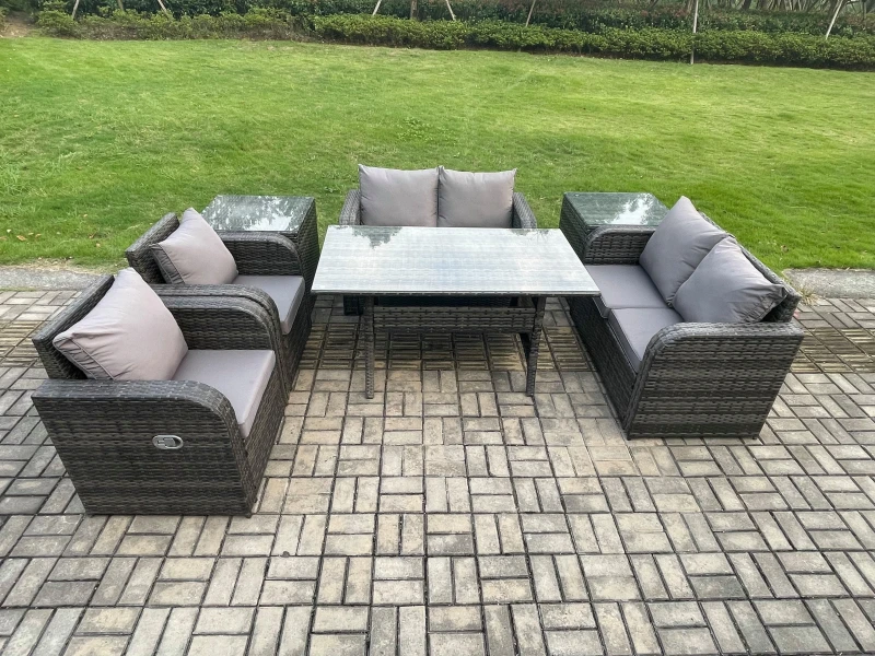 Image of Fimous Rattan Outdoor Furniture Garden Dining Set Rectangular Table & Chair Sofa Set With 2 PC Side Tables Dark Grey Mixed Dark Grey Unisex