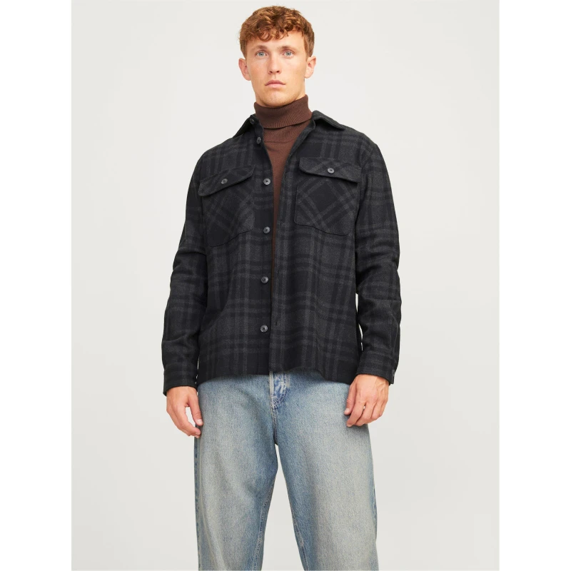 Image of Jack & Jones Jack & Jones Premium Raymond Check Solid Overshirt - Black Size S, Men Black WB6GX Male S