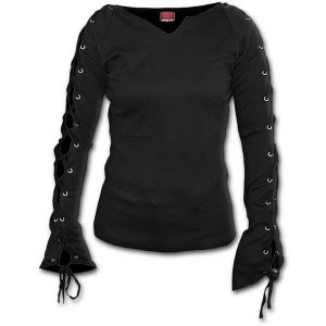 Image of Gothic Elegance Laceup Sleeve Womens Large Long Sleeve Top - Black
