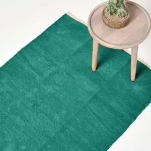 Image of Teal Green 100% Cotton Plain Chenille Rug with Natural Trim, 90 x 150cm - Green - Homescapes