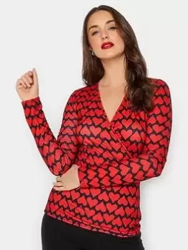 Image of Long Tall Sally Red Heart Print Wrap Top, Red, Size 10, Women