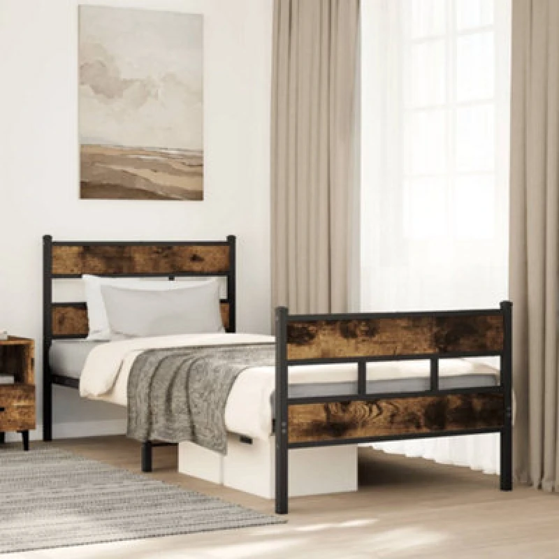 Image of Vidaxl Metal Bed Frame Without Mattress Smoked Oak 75X190 Cm Small Single