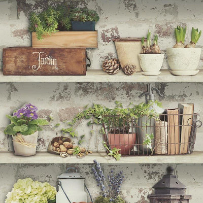 Image of Yes-Online Shades Flower Pots Wallpaper Garden Rustic Shelves Distressed Green Grey White