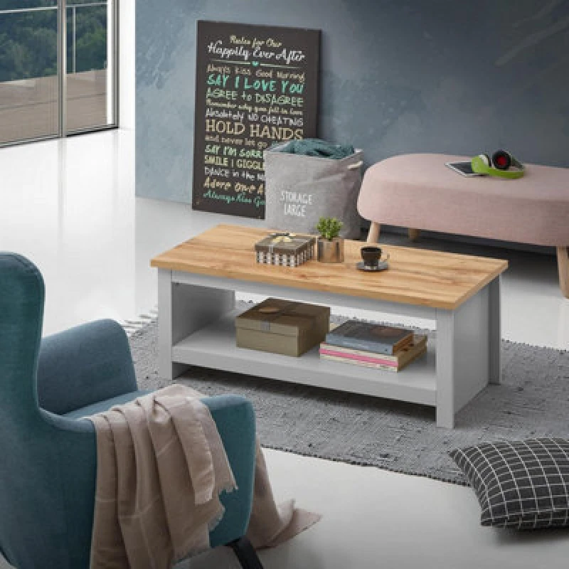 Image of Timber Art Design Lisbon Grey And Oak Coffee Table With Open Shelf Storage