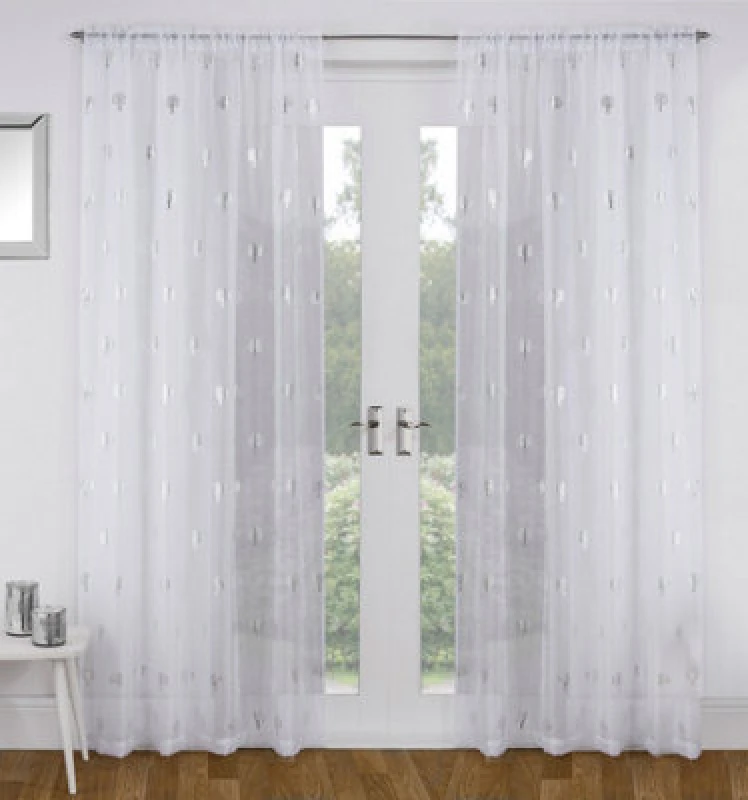 Image of Tyrone Textiles Birch White Metallic Tree Print Linen-Look Voile Panel - Pair 140 X 122Cm (55X48")