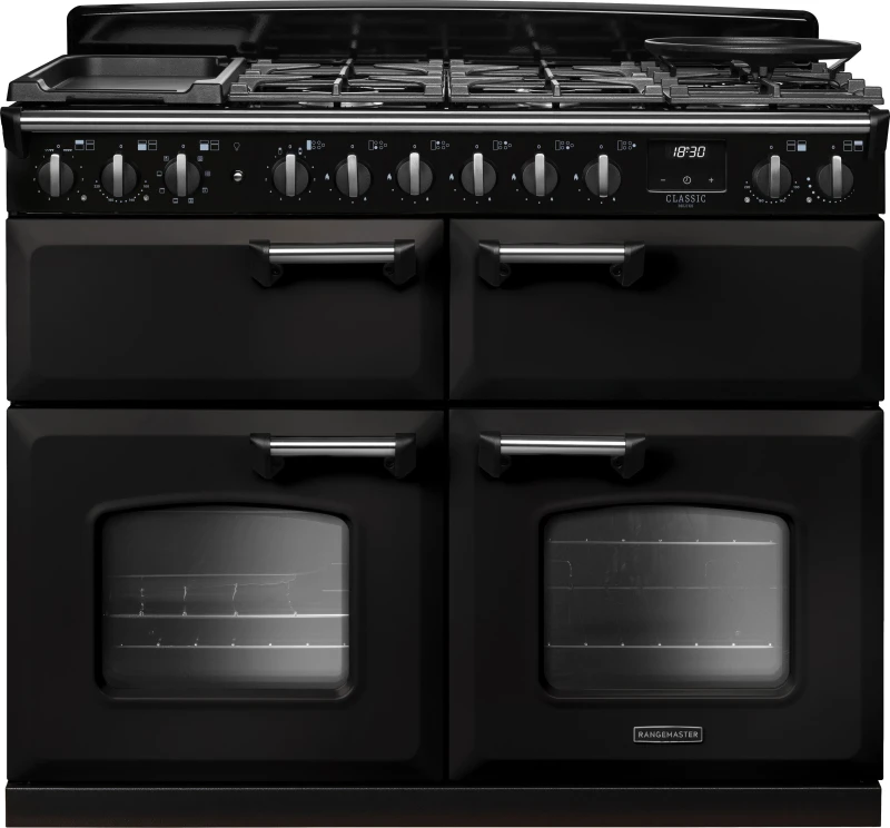 Image of Rangemaster Classic Deluxe CLDLB110DFPCBL/CM1 110cm wide Dual Fuel Range Cooker with Gas Hob - Charcoal Black / Chrome - A Rated