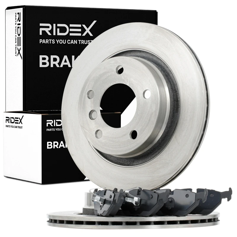 Image of RIDEX 3405B1185 Brake disc and pads set Rear Axle, Brake Disc Type: Vented, excl. wear warning contact, with piston clip Brake Set,disc brakes (3405)
