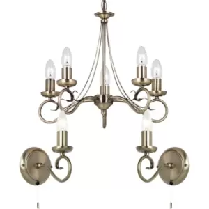 image of 5 Bulb Ceiling Pendant & 2x Matching Wall Light Curved Antique Brass Chandelier