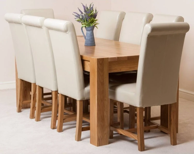 Image of Thats Furniture Kuba 180 x 90cm Chunky Oak Dining Table & 8 Washington Leather Chairs in Cream Cream Unisex 180 x 90 cm