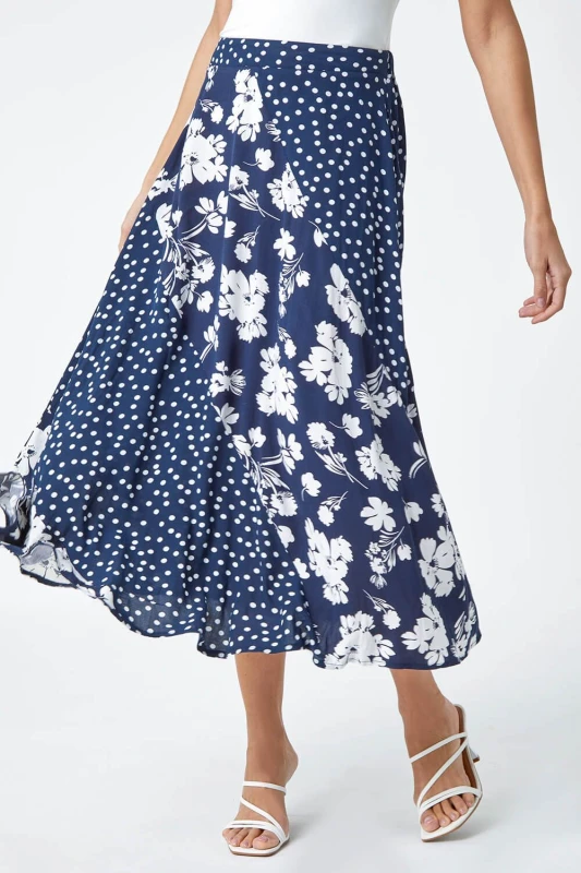 Image of Roman Womens Mixed Floral Spot Print A Line Midi Skirt in Blue Size: 16 Blue Female 16