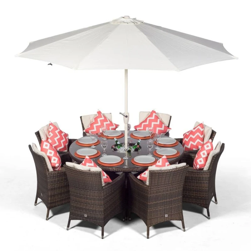 Image of Thats Furniture Savannah Round 8 Seater Rattan Dining Set Ice Bucket Drinks Cooler in Brown Brown Unisex