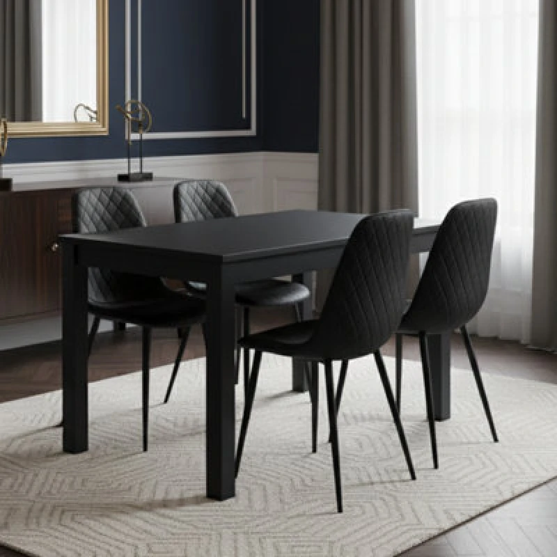Image of Kosy Koala Dark Grey Arrow Design Dining Table Set With 4 Black Gem Pattern Chairs Dining Furniture Set