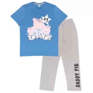 Image of Peppa Pig Mens Number 1 Daddy Pig Distressed Pyjama Set (L) (Blue/Heather Grey)