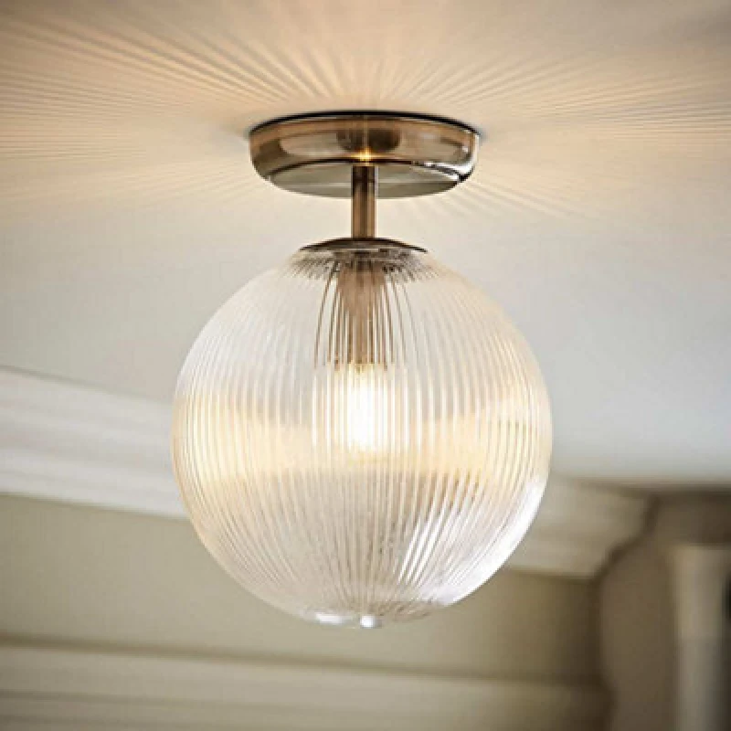 Image of ValueLights ValueLights Kempton Ribbed Glass Globe Shade Flush Ceiling Light in Silver Silver One Size Unisex 5016529274698