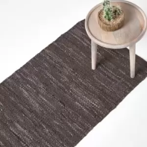 Image of Denver Leather Woven Rug Brown, 66 x 200cm - Brown - Homescapes