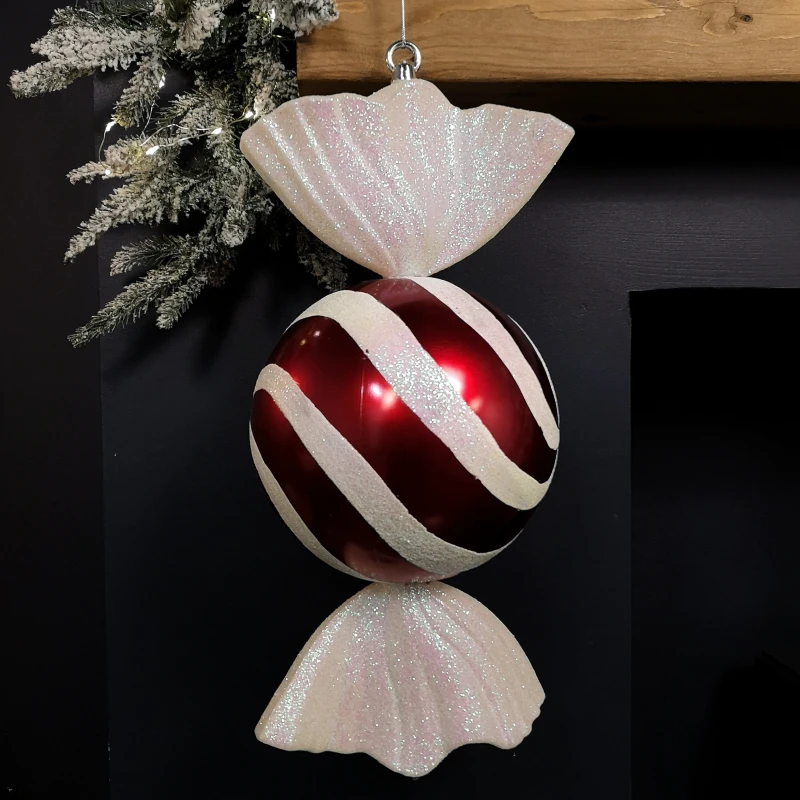 Image of 50cm Red and White Stripe Hanging Christmas Candy Bauble Decoration