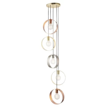 image of Hoop 5 Light Cluster Ceiling Pendant Brushed Brass & Brushed Nickel, E27