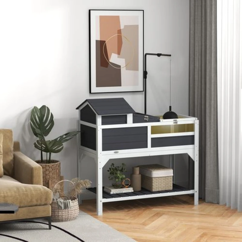 Image of PawHut Wooden Tortoise House w/ Adjustable Lamp Holder, Removable Main House - Grey Grey