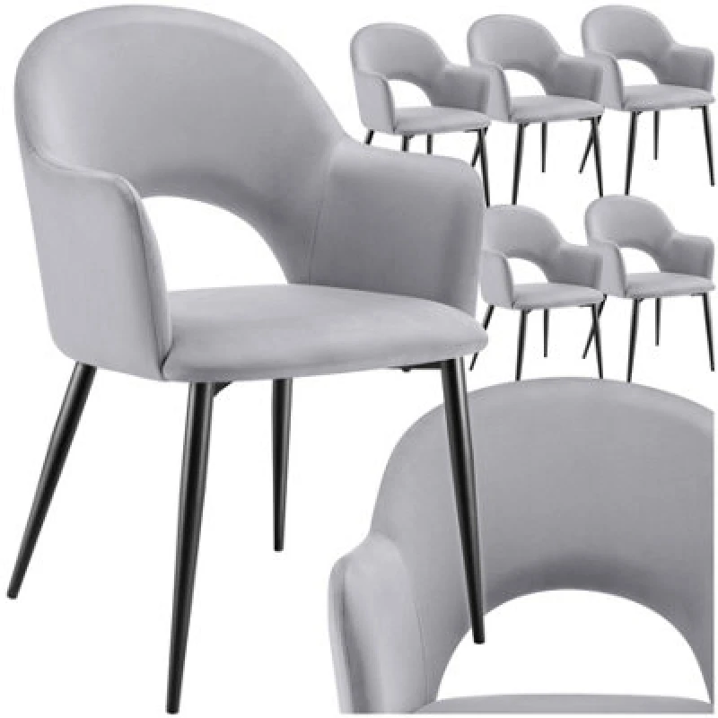 Image of Tectake Set Of 6 Dining Chair Sasha- Padded Armchair In Velvet Look, Continuous Backrest - Light Grey