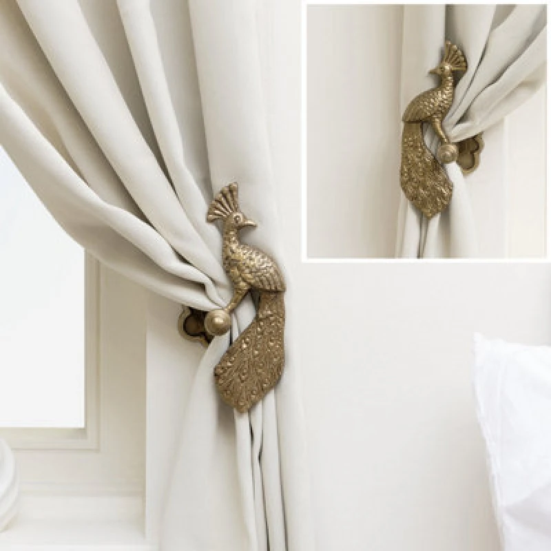 Image of Melody Maison Set Of 2 Antique Brass Gold Metal Peacock Curtain Tie Backs Gold