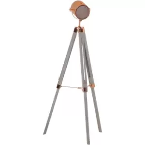 image of Vintage Tripod Floor Lamp Wooden Searchlight with Adjustable Height Rose Gold