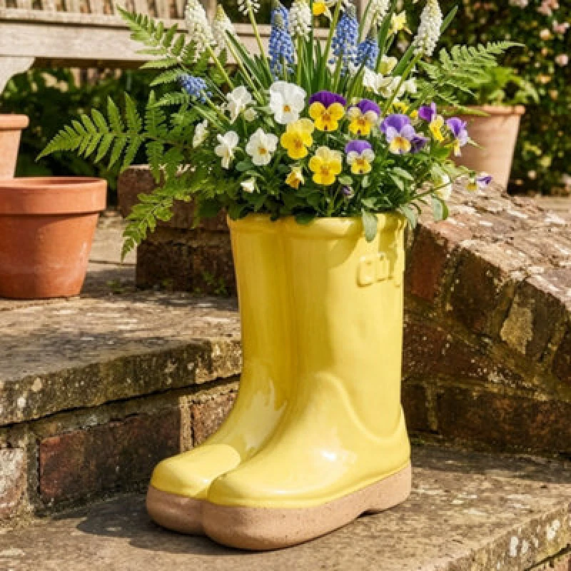 Image of Dibor Small Yellow Wellington Boot Indoor Outdoor Flower Pot Garden Planter (W) 15cm, (H) 17cm Yellow Unisex Small