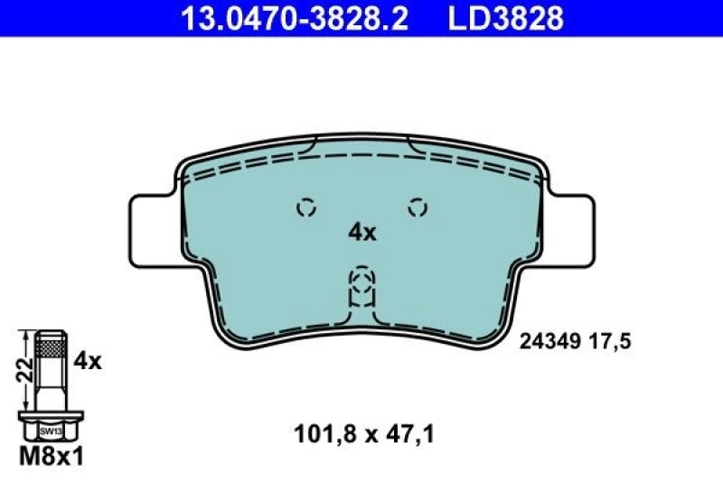 Image of ATE 13.0470-3828.2 Brake pad set excl. wear warning contact, with brake caliper screws Brake Pad Set,disc brake (402)